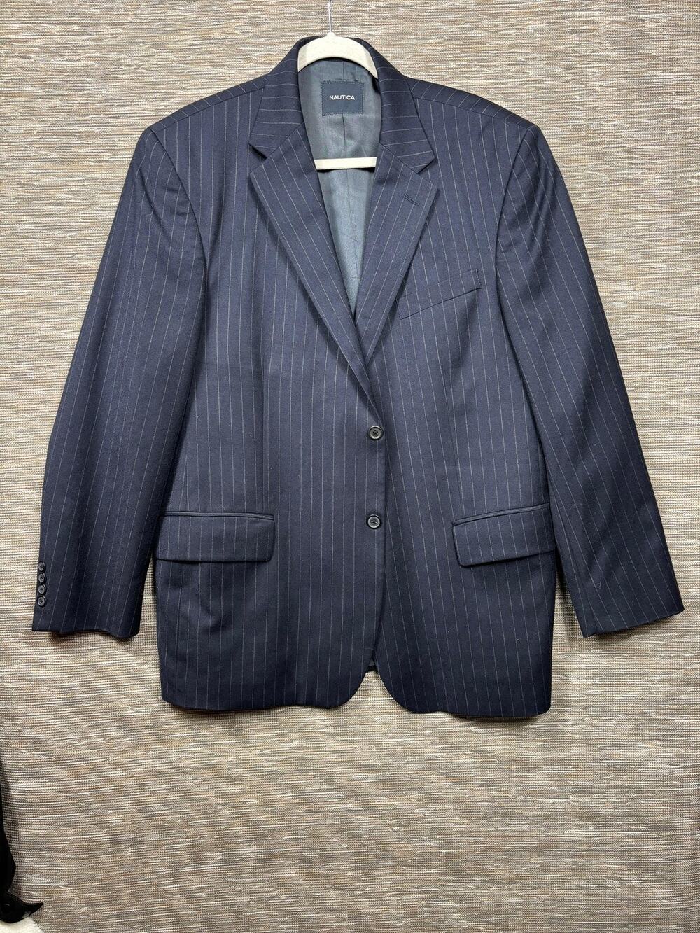 Nautica Blazer Mens 44R Blue Pinstripe Wool Two Button Suit Jacket Classic